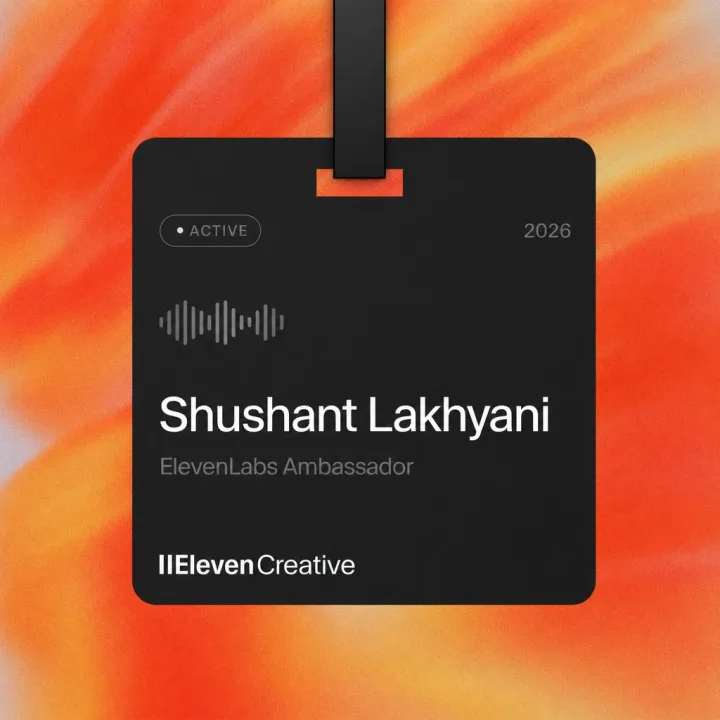 Shushant Lakhyani's ElevenLabs Ambassador badge for 2026, marked active